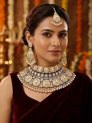 Kundan Bridal Choker Necklace Set with Pearl Drops, Earrings & Maang Tikka