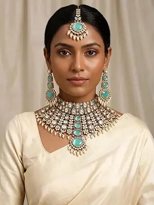 Bridal Kundan Choker Necklace Set with Sea Green Stones and Maang Tikka