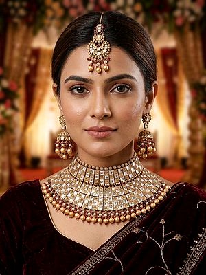 Bridal Kundan Choker Necklace Set with Square Embellishments and Maang Tikka