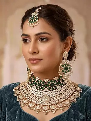 Green Stone Studded Kundan Bridal Choker Necklace Set with Maang Tikka