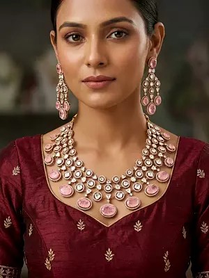 Semi Bridal Necklace Set with Pink Kundan Stones & Earrings