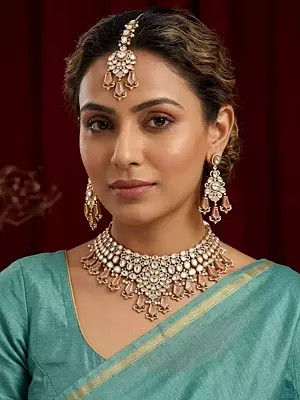 Peach Drop Stone Kundan Bridal Choker Necklace Set with Maang Tikka