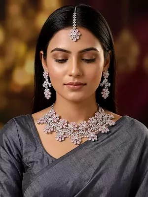 Floral Design American Diamond Necklace Set & Maang Tikka