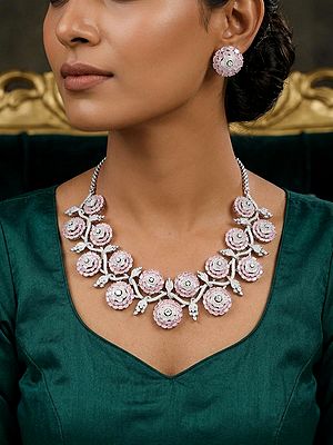 Floral American Diamond Bridal Statement Necklace Set with Stud Earrings