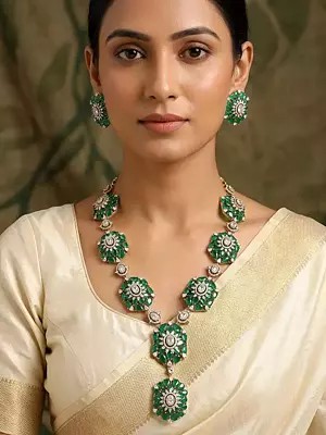 Green Crystal Floral Necklace Set with Stud Earrings