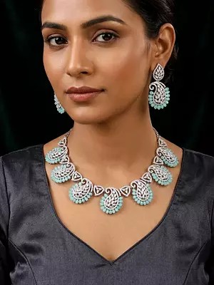 Paisley Design Necklace and Earring Set in Sea Green American Diamonds