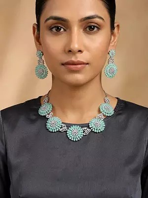 Blue Gemstone Floral Necklace Set with American Diamonds and Matching Earrings