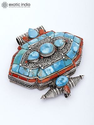 Tibetan Filigree Gau Box Pendant with Coral and Tibetan Turquoise