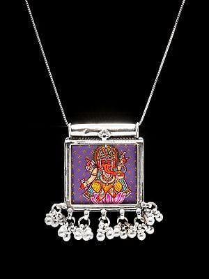 Square Shaped Hand-Painted Lord Ganesha Pendant with Ghungroo