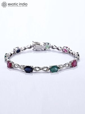 Faceted Ruby Emerald and Sapphire Bracelet with Diamond