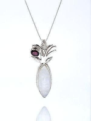 Marquise Shape Rainbow Moonstone Pendant with Faceted Garnet