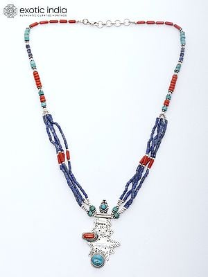 Sterling Silver Necklace with Auspicious Turquoise, Coral and Lapis Lazuli Beads