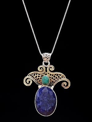 Victorian Style Sterling Silver Pendant with Faceted Lapis Lazuli and Emerald