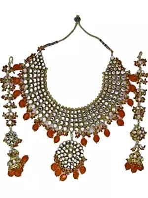 Kundan Necklace and Earwrap Earrings Set with Orange Beads