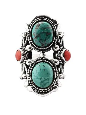 Double Turquoise and Coral Stones Sterling Silver Ring