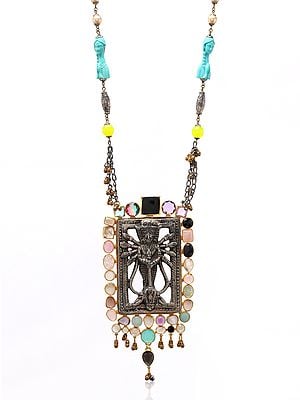 Zinc Tribal Goddess Durga Necklace with Genuine Multi Gemstone and Dangling Ghungroos