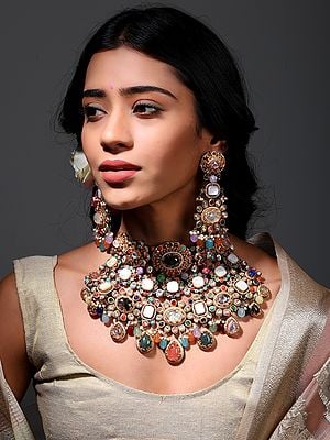 Padmavati Multi Stone Studded Choker Necklace Set with Earrings