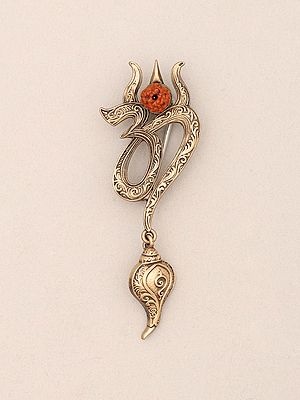 Om Trishul Rudraksha Brass Brooch with Shankh Dangle