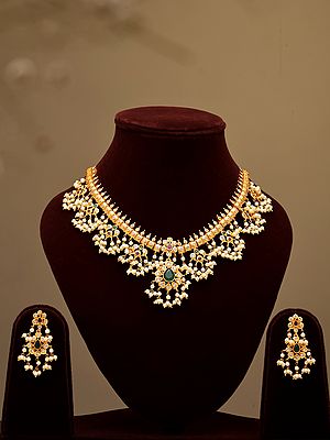 Polki Kundan Stone Studded Necklace and Earrings Set with Pearl Drop