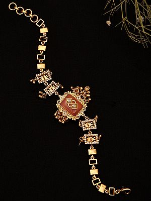 Adjustable Brass Bracelet with Red Jadau Stones & Kundan Embellishments