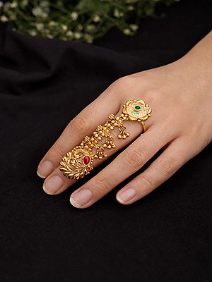 Peacock and Floral Design Adjustable Long Finger Ring (Double Ring)