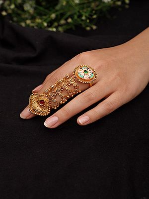 Adjustable Long Finger Ring with Floral and Leaf Design