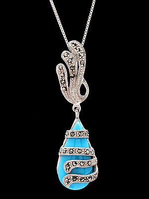 Sterling Silver Pendant with Teardrop Turquoise and Marcasite Accents