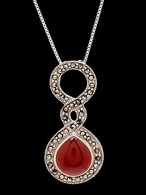 Carnelian Cabochon Sterling Silver Pendant with Marcasite Accents