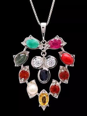 Sterling Silver Leaf Pendant with Multi-Gemstone Inlay