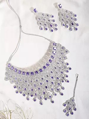 Purple American Diamond Bridal Necklace Set with Mang Tika