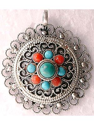 Turquoise Coral Filigree Pendant