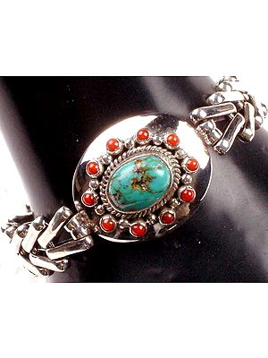 Turquoise Link Bracelet with Coral