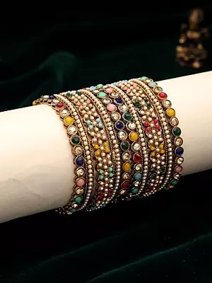 Navratna Style Multicolor Stone and Pearl Bangle Set (10 Pieces)