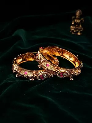 Teardrop Stones Studded Kundan Style Openable Bangles with Pearl Border (Pair)