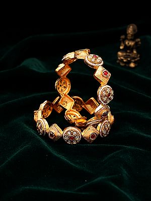 Openable Kundan Bangles with Floral Design and Pearl Borders (Pair)