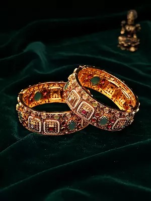 Openable Kada Bangle Set with Kundan Stones - Meenakari Style