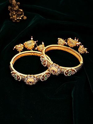 Kundan Stone Meenakari Style Openable Bangles with Jhumka Drop (Pair)