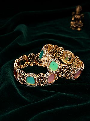 Gold Tone Openable Bangle Set with Pastel Gemstones