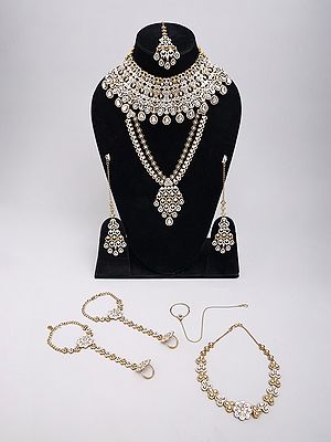Complete Bridal Jewellery Set: Choker, Double Layer Haar, Nose Ring, Sheeshpatti & Hand Ornaments with Polki Stones