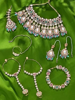 Kundan Bridal Choker Set with Pastel Stones, Maang Tikka, Nath and Hathphool