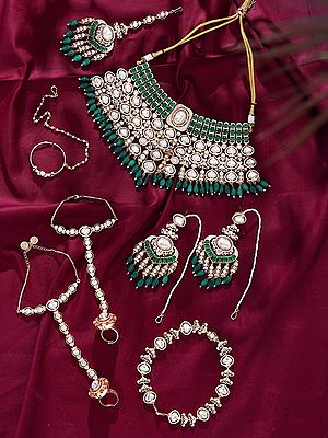 Kundan Stone Studded Bridal Wedding Set With Green Bead Drops