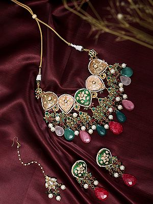 Multi-Colored Meenakari Kundan Necklace Set with Beaded Drops, Earrings & Maang Tikka