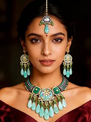 Aqua Green Stone Studded Meenakari Choker Set with Maang Tikka & Beaded Drops