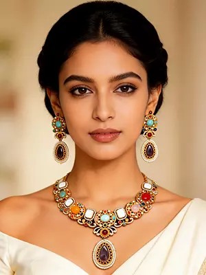 Kundan Stone Studded with Pearl Detailing Necklace and Earrings Set