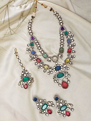 Multi-Color Kundan Stone Studded Necklace set with Maang Tikka and Earrings