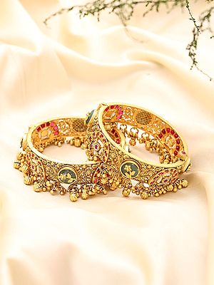 Meenakari Style Kundan Openable Bangle Pair with Ghungroo Drops