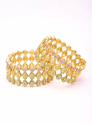 Openable Bridal Bangles Set with Kundan Jali Design and Pink & Green Stones