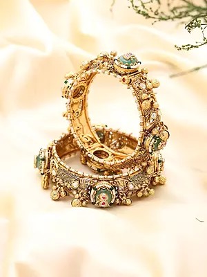 Temple Style Meenakari Kundan Openable Bangle with Ghungroo Drops (Pair)