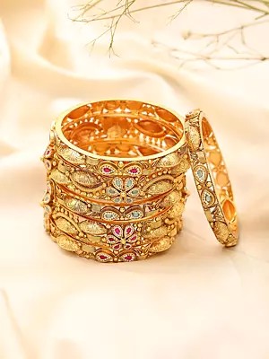 Antique Gold Finish Stone Studded Designer Bangles (Set of 6)