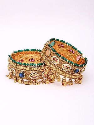 Designer Kundan Bridal Bangles with Ghungroo Charm - Pair